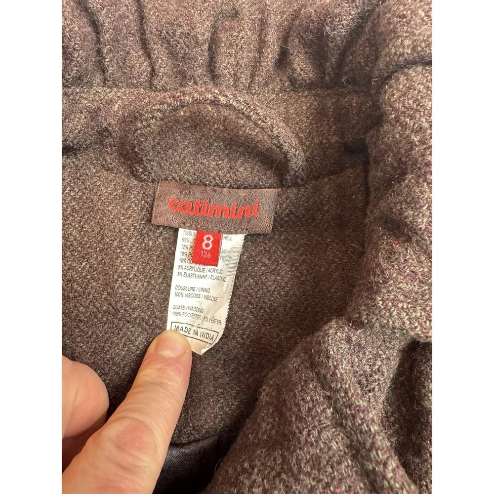 Catimini Girls Brown Wool Blend Pea Coat Floral Embroidery Tweed Jacket Size‎ 8